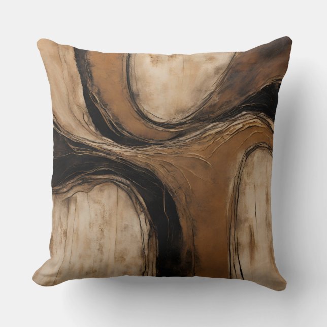 Black Gold Beige Abstract Floral Throw Pillow (Front)