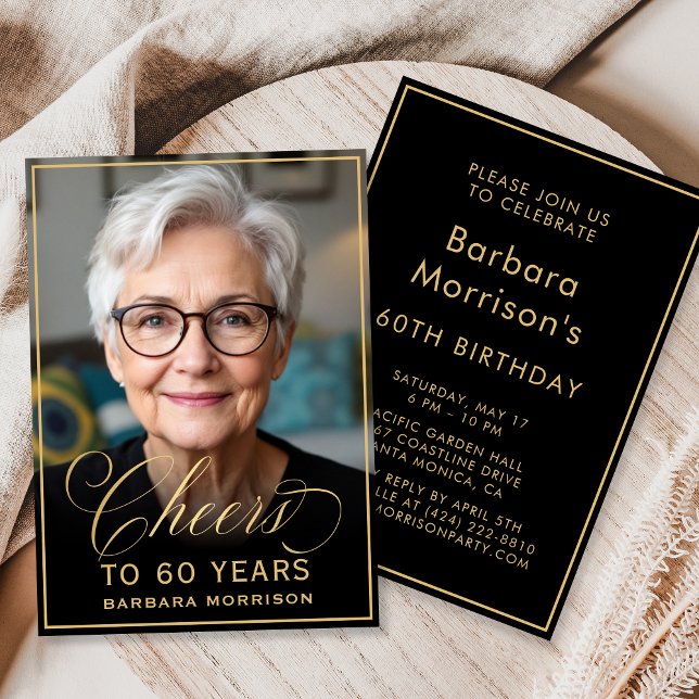 Black & Gold Birthday Cheers to 60 Years Photo Invitation (Creator Uploaded)