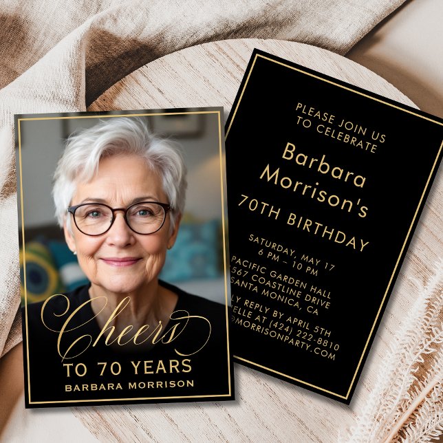 Black & Gold Birthday Cheers to 70 Years Photo Invitation (Creator Uploaded)