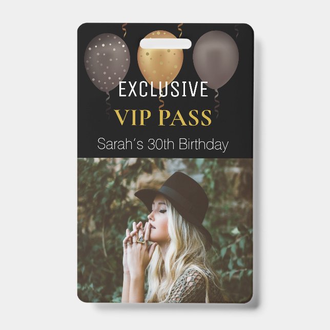Black Gold Birthday Party Photo Custom Pass VIP Badge (Front)