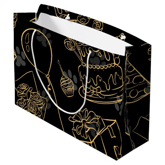 Black Gold Birthday Pattern Large Gift Bag (Back Angled)