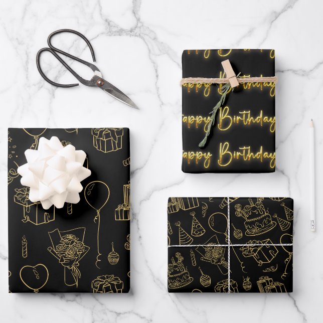 Black/Gold Birthday Pattern  Wrapping Paper Sheet (Front)