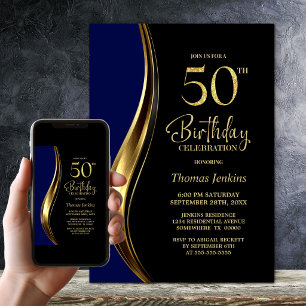 Black Gold Blue 50th Birthday Party Invitation