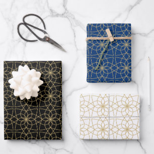 Black Gold Blue Arabian Islamic geometric patterns Wrapping Paper Sheet