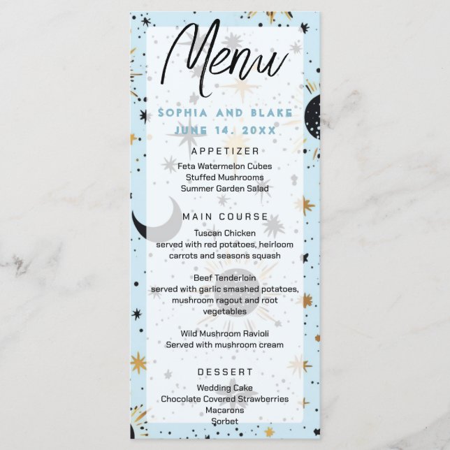 Black Gold Blue Celestial Sun Moon Stars Wedding Menu (Front)