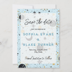 Black, Gold, Blue Celestial Wedding Save the Date Invitation