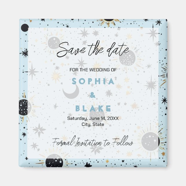 Black Gold Blue Celestial Wedding Save the Date Magnet (Front)