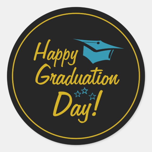 Black Gold Blue Happy Graduation Day Script Classic Round Sticker (Front)