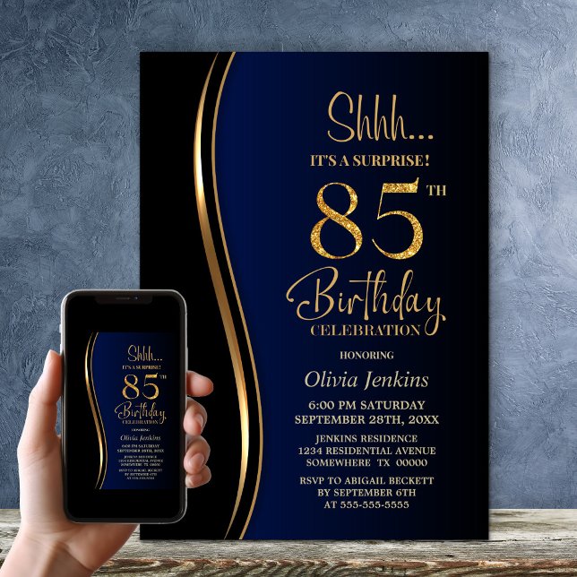 Black Gold Blue Surprise 85th Birthday Invitation (Creator Uploaded)