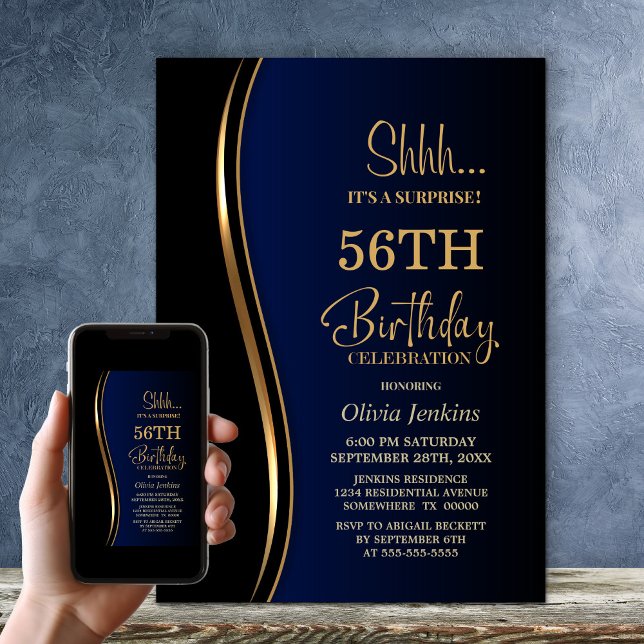 Black Gold Blue Surprise Birthday Party Invitation (Creator Uploaded)