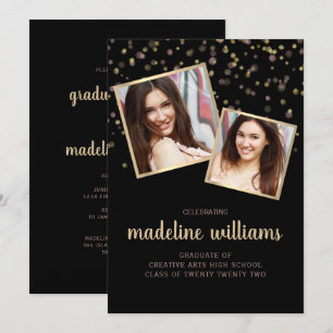 Black Gold Blush Pink Confetti Photo Graduation Invitation