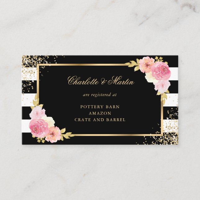 Black Gold Blush Pink Floral Wedding Registry Enclosure Card (Front)