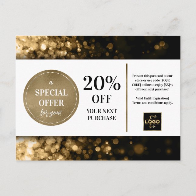 Black Gold Bokeh Custom Coupon Discount  Postcard (Front)