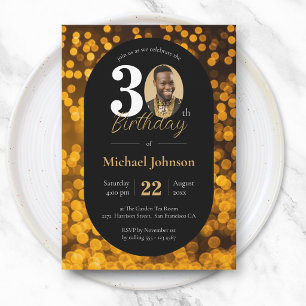 Black Gold Bokeh Photo 30th Birthday Invitation