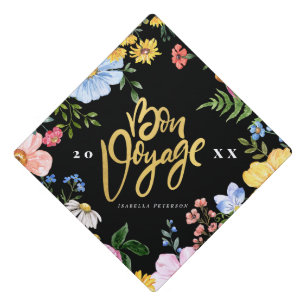 Black & Gold "Bon Voyage" Floral Graduation Cap Topper