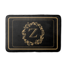 Black Gold Border Design Monogram Letter Bath Mat