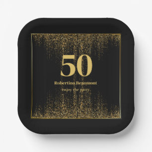 Black Gold Border Glitter Modern 50th Birthday Paper Plate