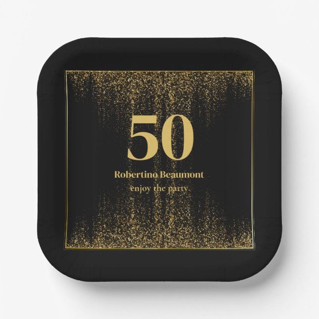 Black Gold Border Glitter Modern 50th Birthday Paper Plate (Front)