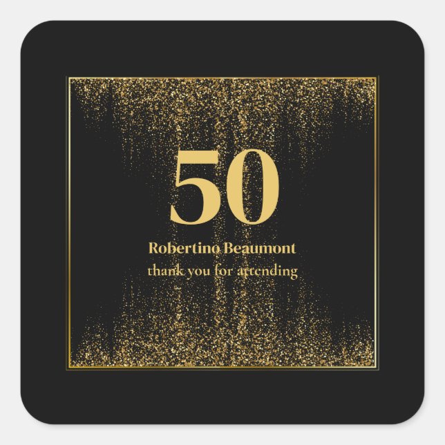 Black Gold Border Glitter Modern 50th Birthday Square Sticker (Front)