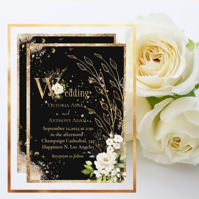 Black Gold Botanical Floral Rustic Wedding  Invitation (Creator Uploaded)