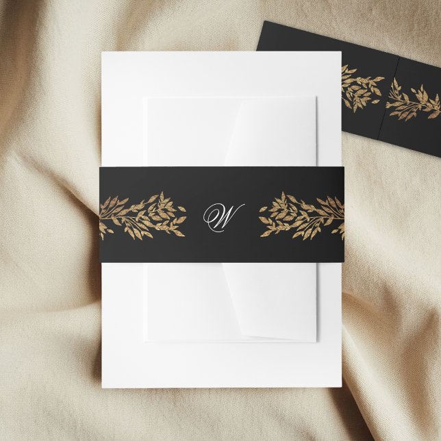 black & gold botanical frame monogram wedding invitation belly band (Creator Uploaded)