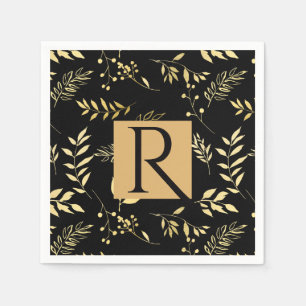 Black & Gold Botanical Glamour Wedding Monogram Napkin