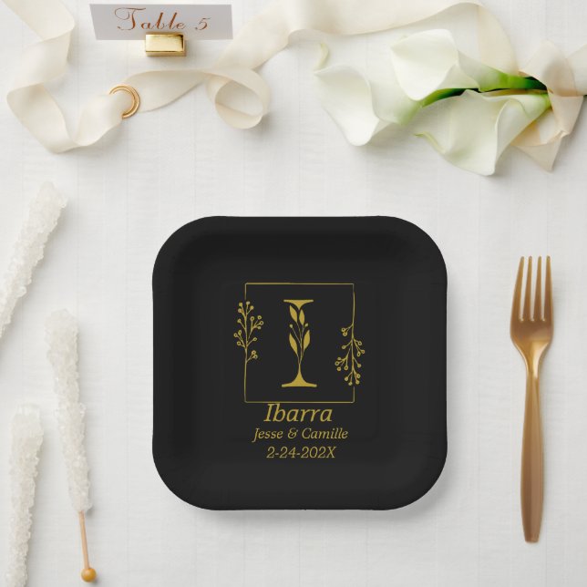 Black & Gold Botanical Letter I     Paper Plate (Wedding)