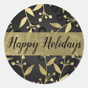 Black & Gold Botanical Merry Christmas Elegant Classic Round Sticker