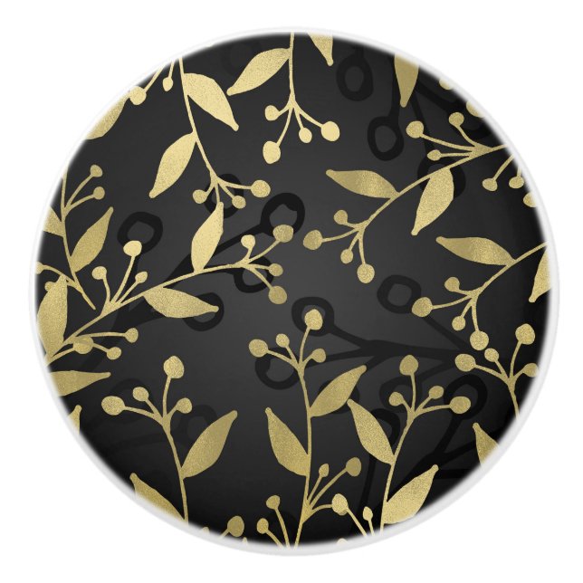 Black & Gold Botanical Modern Rustic Branches Ceramic Knob (Front)