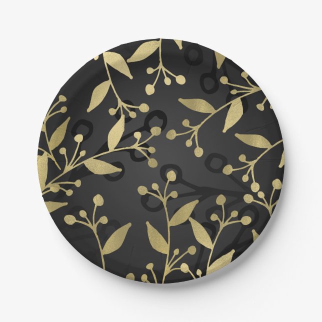 Black Gold Botanical Modern Rustic Branches Party Paper Plate (Front)