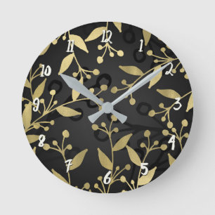 Black & Gold Botanical Modern Rustic Branches Round Clock