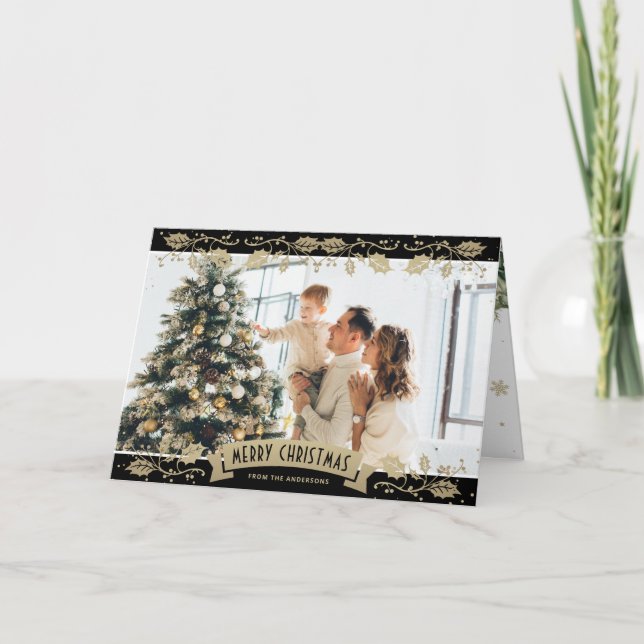 Black Gold Botanical Photo Christmas Card (Front)