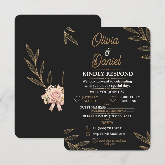 Black Gold Botanical RSVP Card Editable (Front/Back)