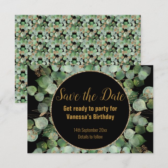 BLACK GOLD BOTANICAL SAVE THE DATE CIRCULAR  ANNOUNCEMENT (Front/Back)