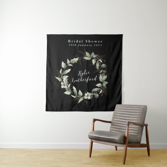 Black Gold Botanical Succulent Bridal Shower Tapestry (In Situ)