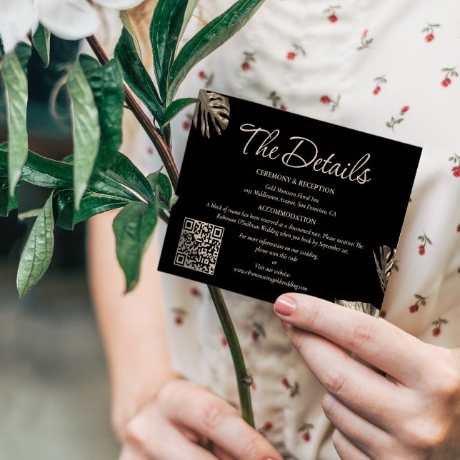 Black & Gold Botanical Wedding Details with QR Enclosure Card (Creator Uploaded)