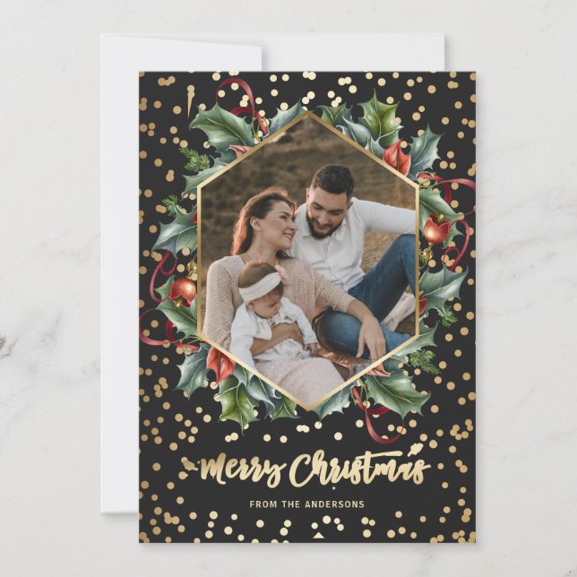 Black Gold Botanical Wreath Photo Christmas Cards (Front)