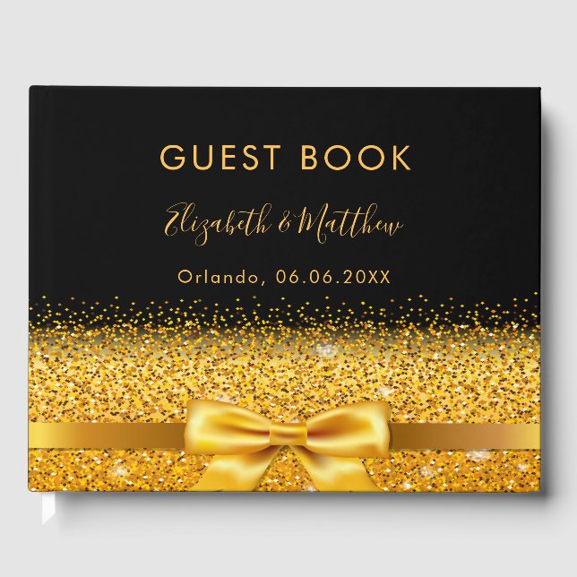 Black gold bow elegant wedding guest book (Front)