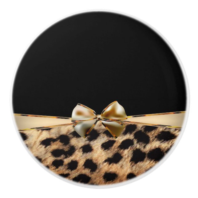 Black & Gold Bow Leopard Cheetah Animal Print Ceramic Knob (Front)