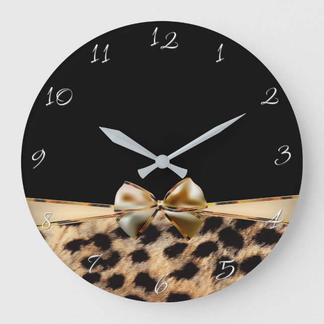 Black & Gold Bow Leopard Cheetah Animal Print Large Clock (Front)