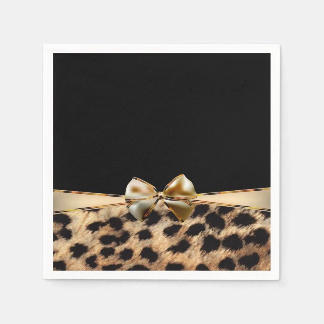 Black & Gold Bow Leopard Cheetah Animal Print Napkin (Front)