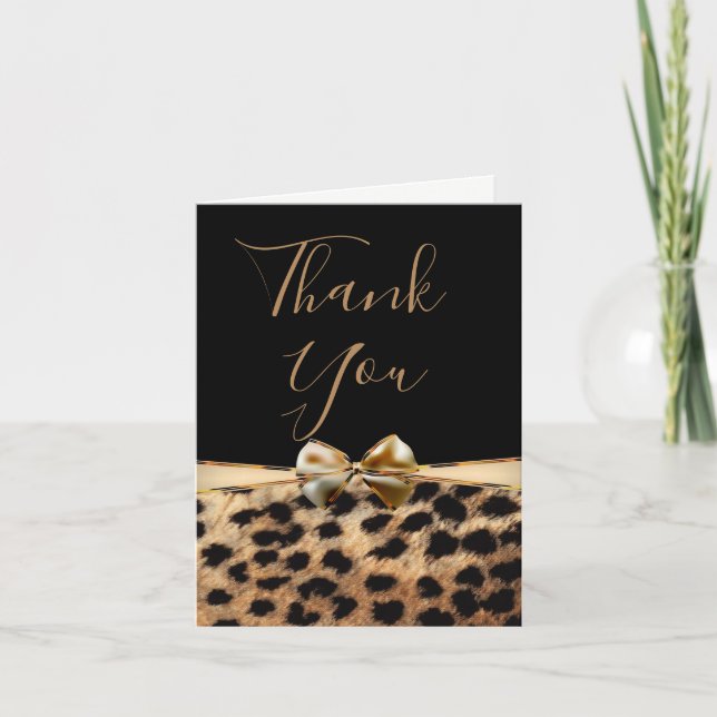 Black Gold Bow Leopard Cheetah Print Thank You Card (Front)