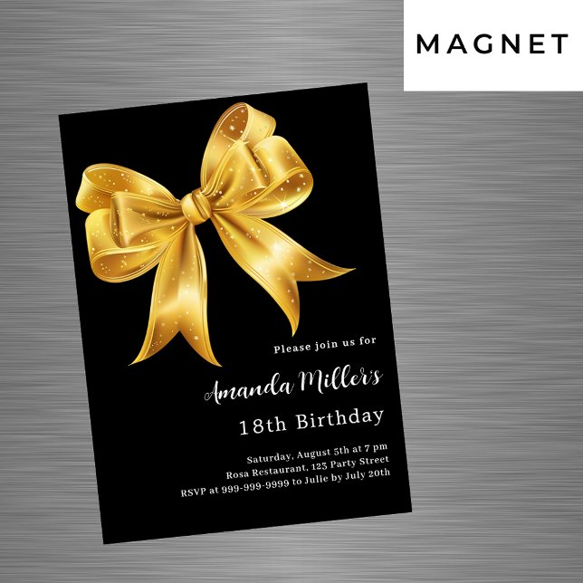 Black gold bow luxury birthday magnetic invitation (Creator Uploaded)