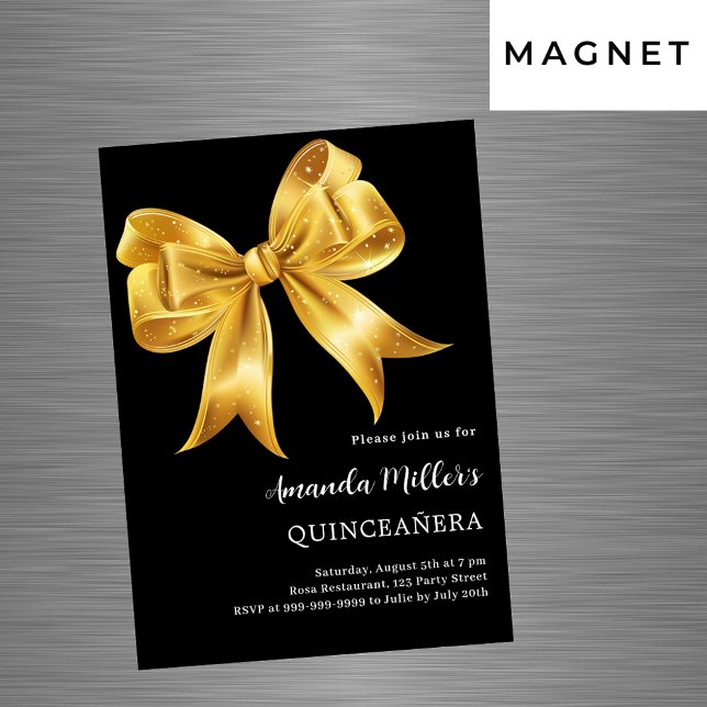 Black gold bow Quinceanera luxury Magnetic Invitation (Creator Uploaded)