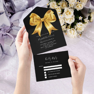 Black gold bow Quinceanera rsvp All In One Invitation