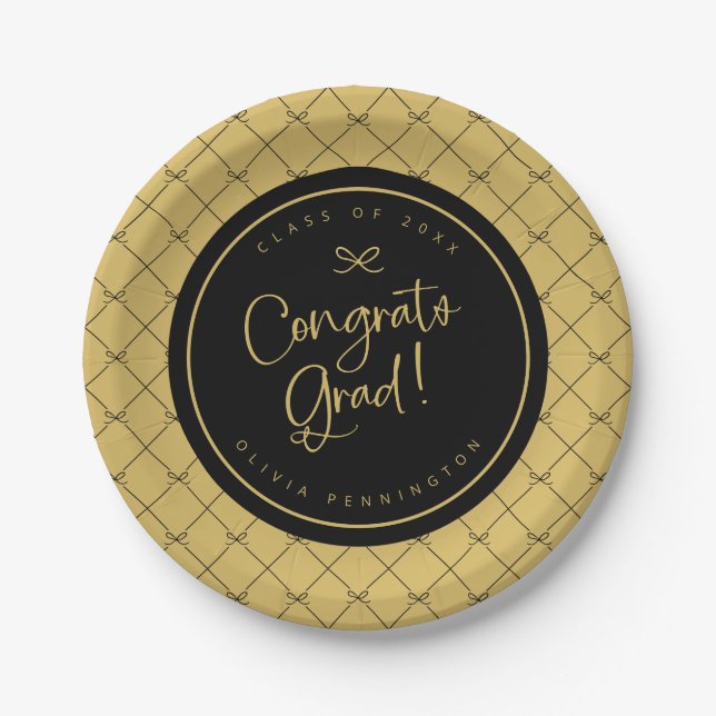 Black Gold Bows Congrats Grad Graduation Party Paper Plate (Front)