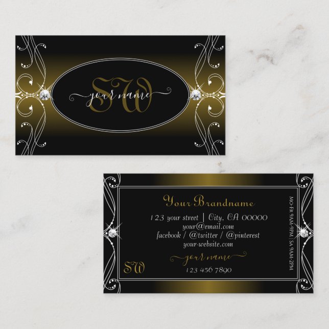 Black Gold Brown Ornate Sparkle Diamonds Initials Business Card (Front/Back)