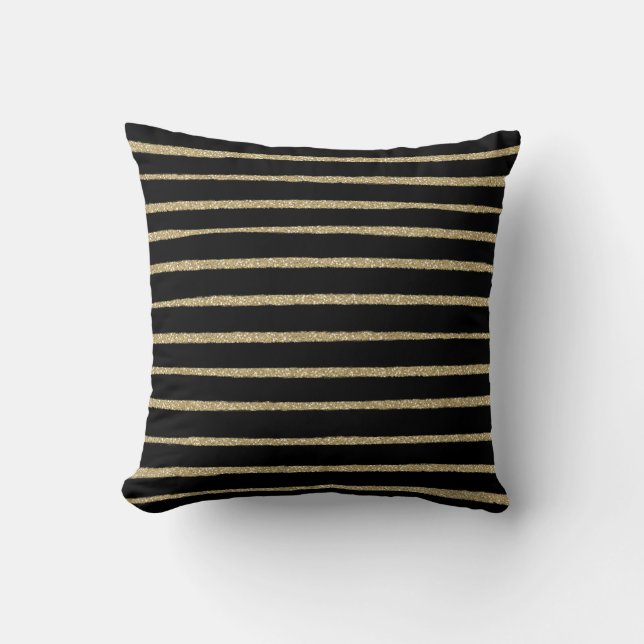Black Gold Brush Strokes Stripes Throw Pillow (Front)