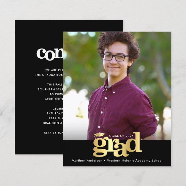 Black Gold Budget Photo Graduation Bold Cap Invite (Front/Back)