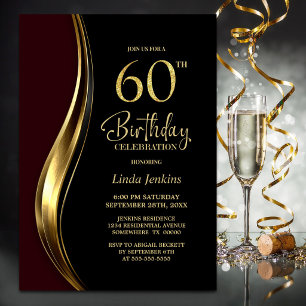 Black Gold Burgundy 60th Birthday Party Invitation